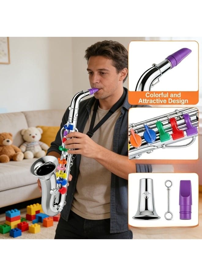 Silver Saxophone Musical Instruments Toy for Kid Toddler Fake Plastic Preschool Music Toy Gift Portable Wind Instrument Early Educational Teaching Songs Toy Gifts for Toddlers Children