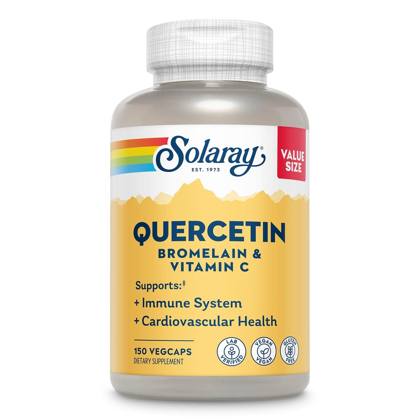 SOLARAY Quercetin Bromelain Vitamin C Immune System Sinus Respiratory Antioxidant Activity Support Vegan 500mg of Quercetin 1235mg of VIT C 60 Day Guarantee 75 Servings 150 VegCaps