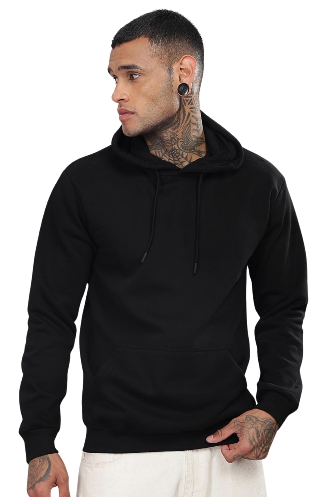 ADRO Men's Cotton Neck Hooded Sweatshirt (H22-1-PLN-BL_Black_L)
