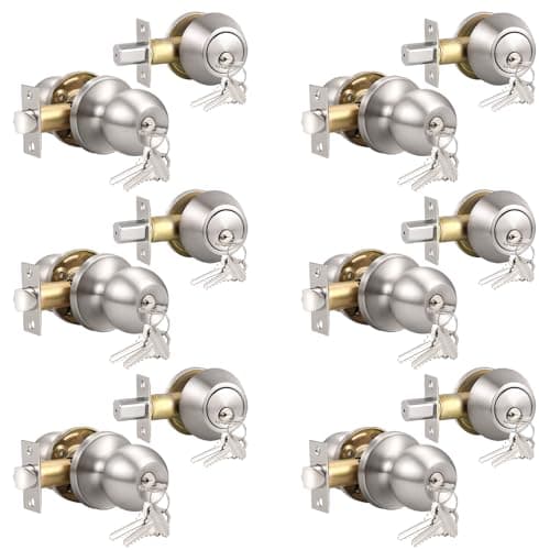 Knobonly Keyed Alike Exterior Door Knob, Round Outdoor Lock with One Sided Deadbolt, Stainless Steel, Satin Nickel Door Knobs, Silver Door Handle Sets, 6 Pack