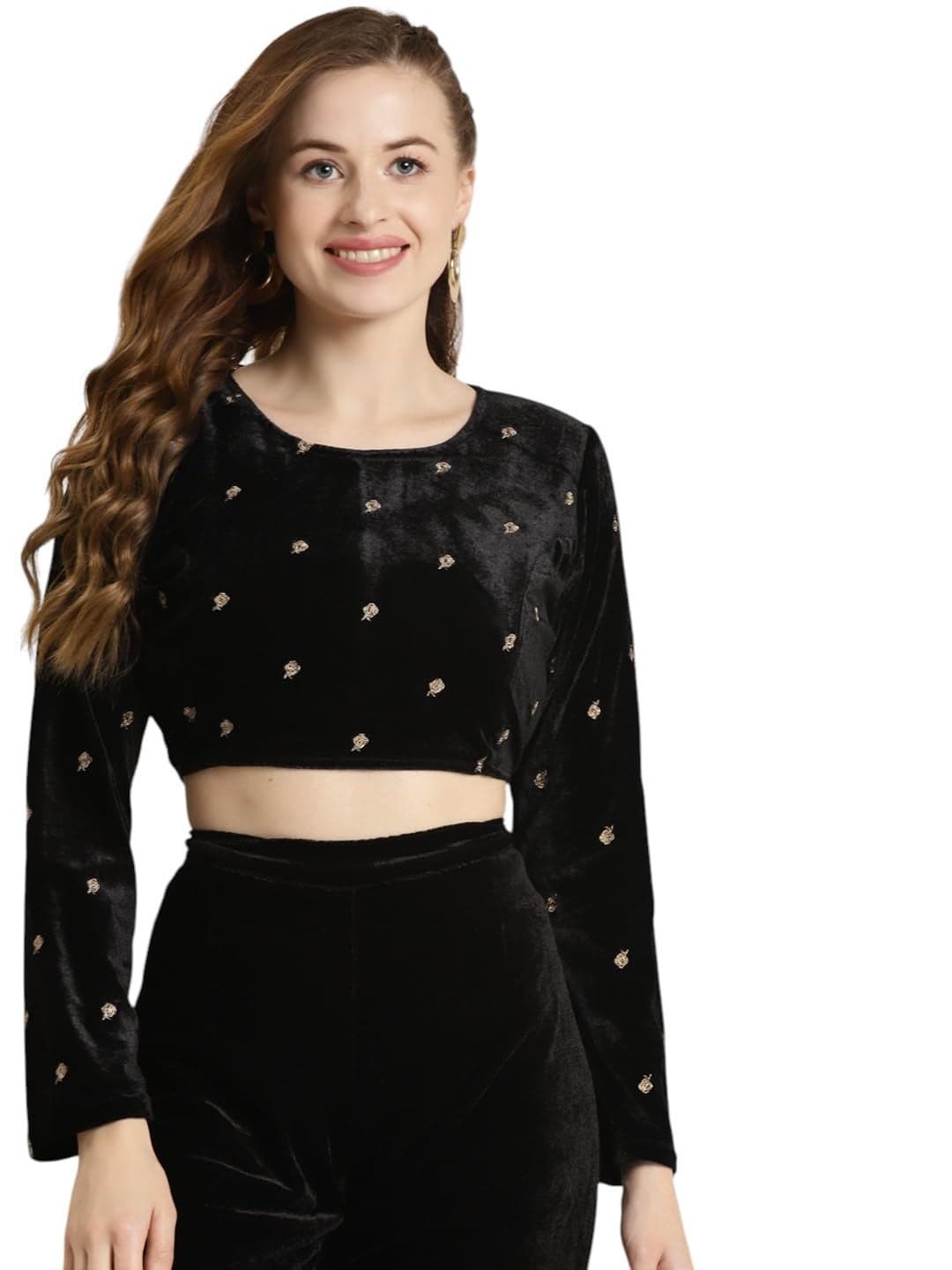 Shae by Sassafras Black Full Sleeve Embroidered Velvet Crop Top (Black XS)