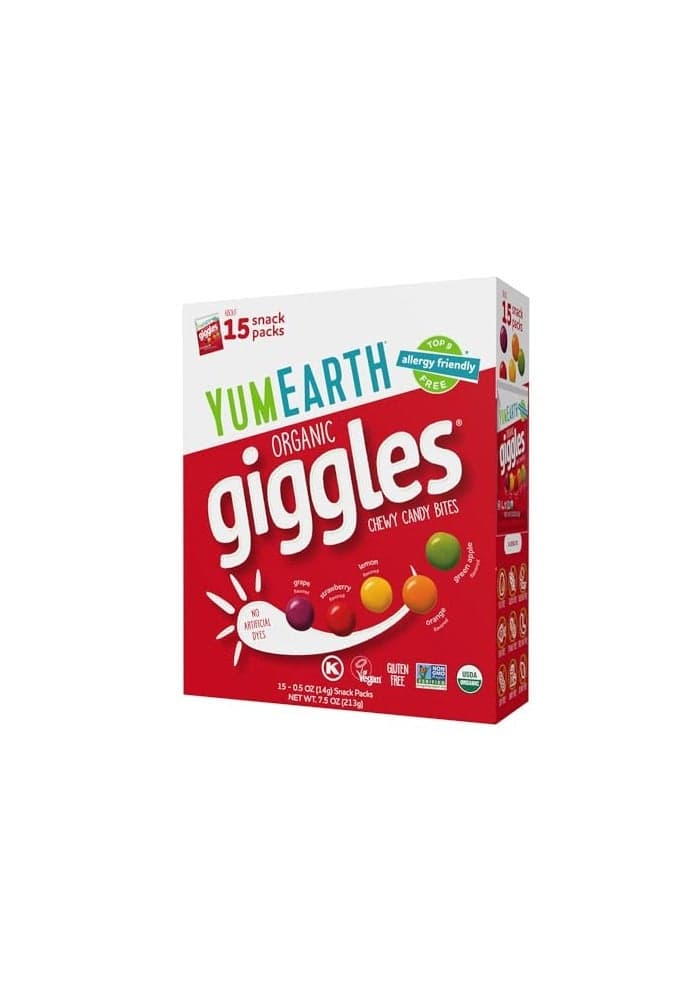 YumEarth Organic Giggles Chewy Candy Allergy Friendly No Artificial Dyes Non GMO Gluten Free Fruit Flavored Vegan Candy Snacks 05 oz Box of 15