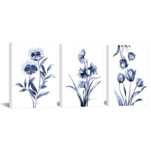 iKNOW FOTO Blue Flower Canvas Wall Art 3 Piece Botanical Prints for Living Room, Bedroom, Bathroom Decor Floral Pictures for Home Decoration12x16 Inches Each
