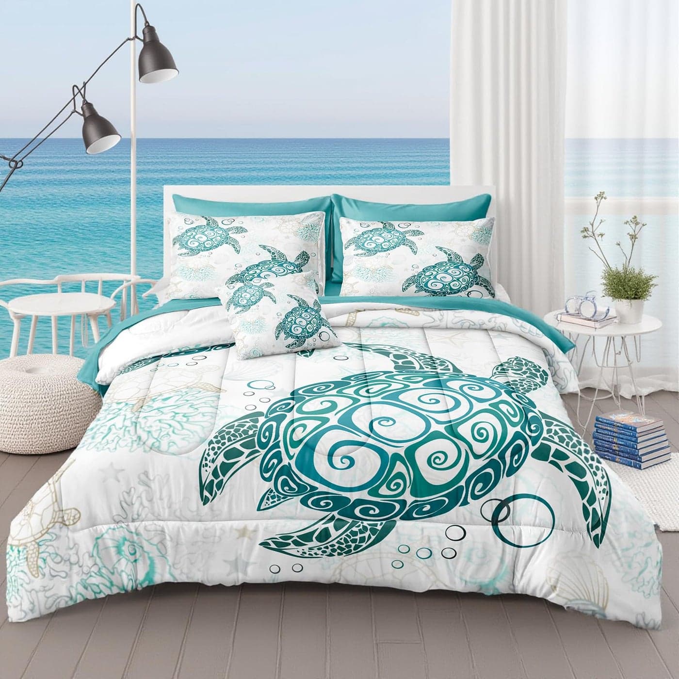 MOVE OVER Sea Turtle Comforter Set Twin Size 6 Pcs Bed in a Bag Ocean Beach Themed Bedding Set 100 Soft Microfiber Tropical Style Sea Turtle Printed Design Beachy Bedding Set for Summer