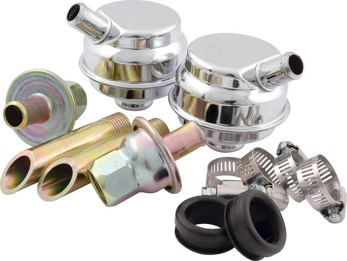 Allstar Performance ALL34145 Crankcase Evacuation System WeldOn BreathersGrommetsCheck ValvesNipples Requires 58 in Hose Steel Universal Kit