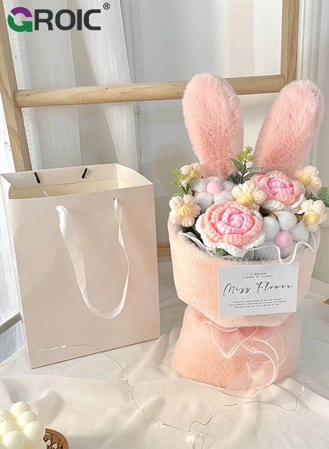 Knit Rose Bouquet, Knitted Artificial Flowers Bouquet Get Well Gifts for Women Girlfriend Family Coworker, Birthday Graduation Anniversary Gift, Pink Rabbit Ear Fuzzy Plush Flower Bouquet, Home Decor