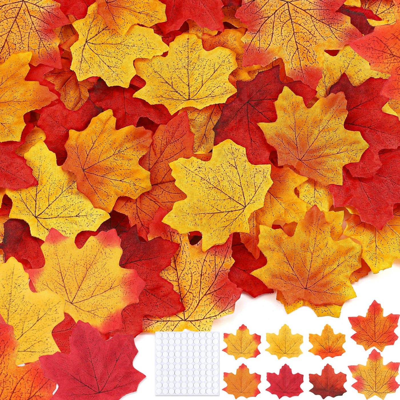 Gushu 300 Piece Fall Leaves Set 7 Colors Artificial Autumn Maple Leaf Decor with 100 Glue Dots Perfect for Wreath and Bouquet Making Weddings Halloween Thanksgiving Decoration
