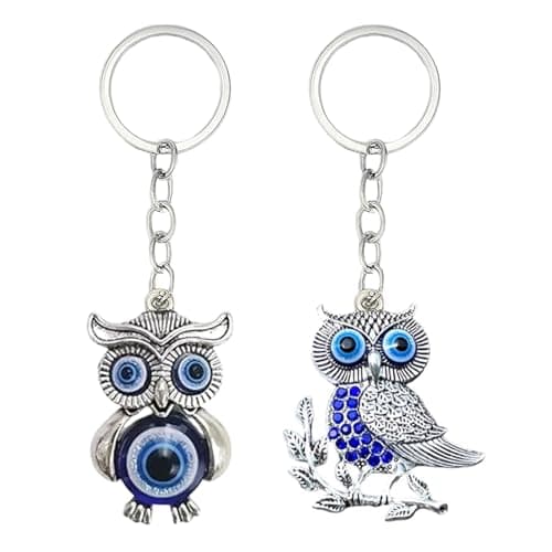 2 Pieces Keychain, Owl Bag Charms for Handbags and Key Chain for Home, Evil Eye Keychain for Car Bike Protection, Key Rings for Women and Men, Aesthetic Couple Gift (Silvery)