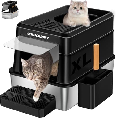 URPOWER Stainless Steel Cat Litter Box with Lid Extra Large Enclosed Litter Box Non-Sticky Metal Pan with High Sided & Scoop, Odor Free, Front & Top Entry, Anti-Leakage, Easy Cleaning