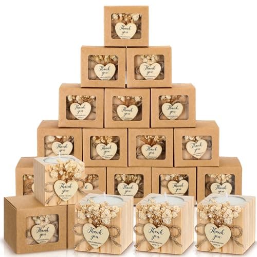 Jingmore 50 Sets Wedding Candles Favors Bridal Shower Thank You Gifts for Guest Rustic Wood Candle Holders Bulk Tealight Holder Baptism Favors Recuerdos para Boda(Light Brown)