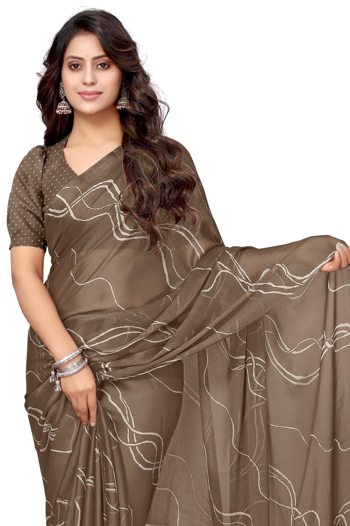 MIRCHI FASHION Women's Chiffon Geometric Printed Saree with Blouse Piece (50305 - Coffee Brown, Cream)