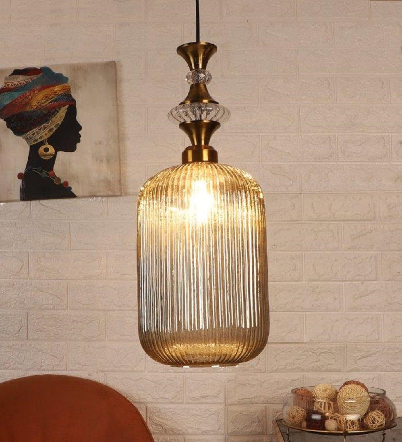 ELIANTE Vintage Hanging Pendant Light | Gold Finish Iron with Golden Glass | E27 Holder | Ceiling Light for Living Room, Bedroom & Dining | Free Bulb | 3 Years Warranty