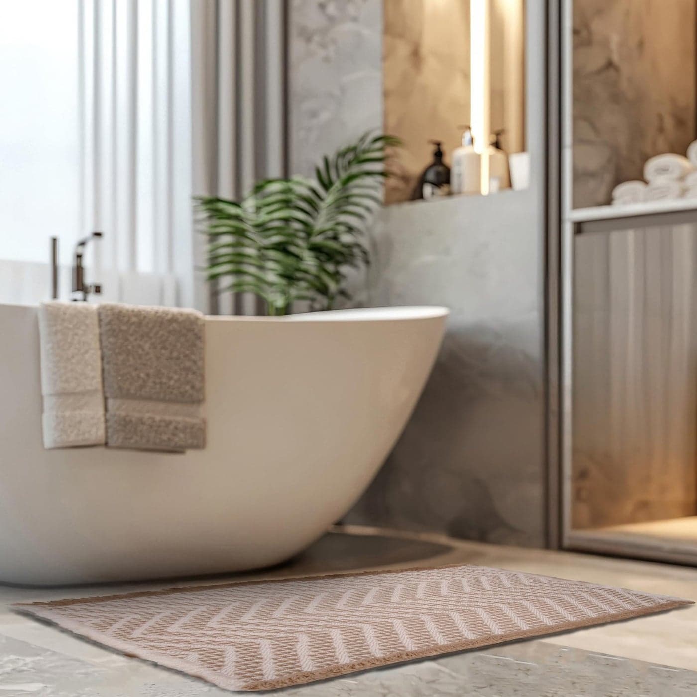 HAUSHALT Upgraded Waffle Bath Mat Ultra Soft Shower Rug NonSlip Woven Knit Texture Neutral 17x24 Machine Washable Super Absorbent with Tassels Perfect Bathroom Rug for Tub or Floor