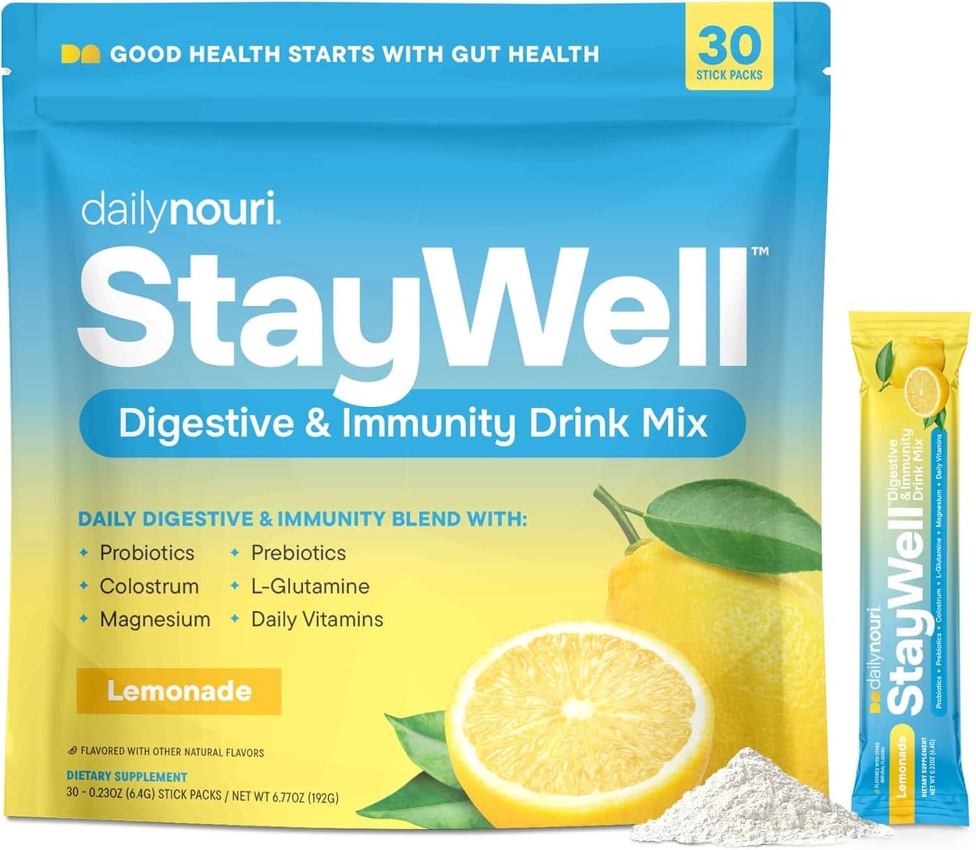 Daily Nouri StayWell Digestive Immunity Drink Mix Probiotics Prebiotics Colostrum LGlutamine Magnesium Manganese Zinc Vitamins for Gut Health Digestion Immune Support 30 Stick Packs