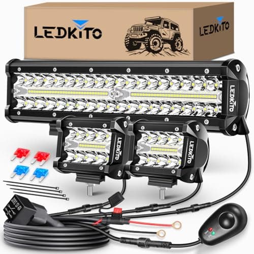 LEDKITO 12 inch LED Light Bar and 2PCS 4 Inch LED Pods with Switch 3 Lead Off Road Wiring Harness Kit Triple Row Spot Flood Combo Light Bar Pods Kit for Off Road UTV ATV Trucks Boat