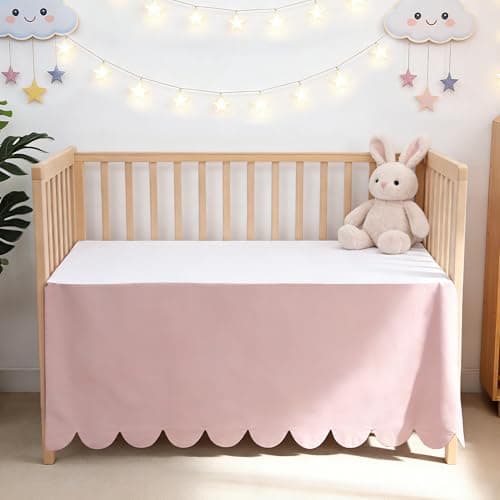 Scallop Edge Crib Skirt Pink, 100% Egyptian Cotton 400 Thread Count Crib Skirt Dust Ruffle,Double Layer,Durable,Smooth Toddler Bedding Skirt for Baby Girls or Boys, 52"X28" with 14"
