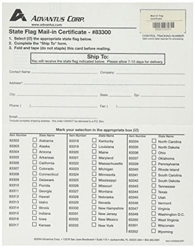 Advantus Mail-In Card for Indoor/Outdoor 5 x 3 feet State Flag, 48 States and Washington D.C. (83300)