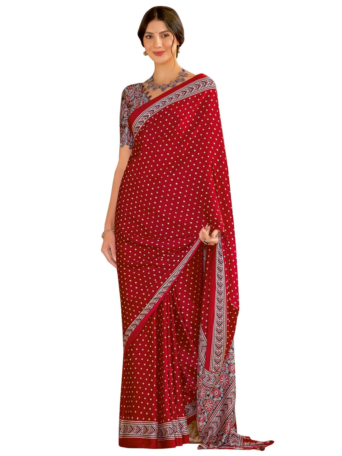 SAREE MALL Women's Ajrkh Print Satin Crepe Bandhani Printed Saree With Unstitched Blouse Piece(Red_MOHAR104A_HS)