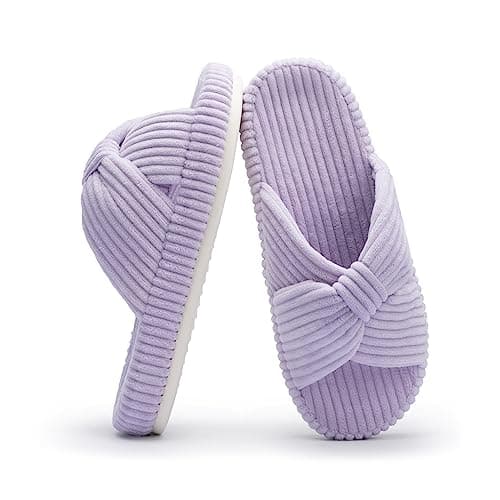 Chantomoo Slippers for Women Memory Foam House Bedroom Corduroy Bow Crossbands Slide Slipper Shoes Comfy Trendy Gift Slippers Light Purple Size 9 10 8.5