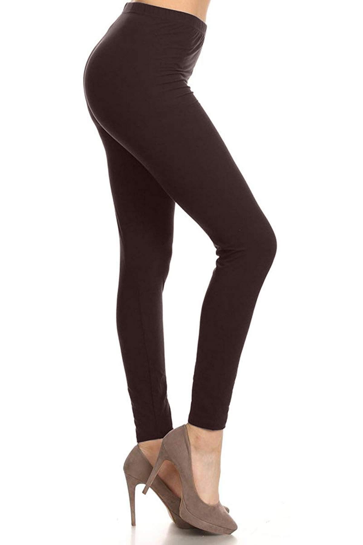 Leggings Depot Womens 1" Waistband High Waisted Solid Leggings Pants (Full Length, Brown, One Size Plus)