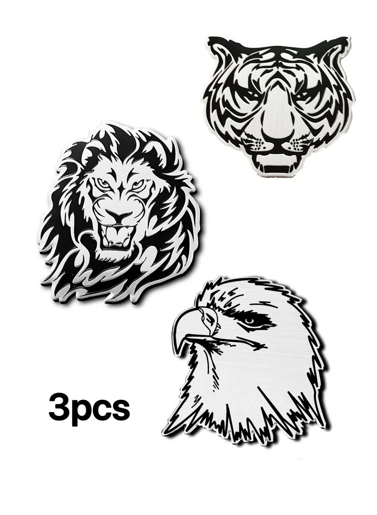 3 Pcs Silver Metallic Animal Car Stickers 3D Self-Adhesive Personalized Sticker Decals for Car Laptop Refrigerator Door Window Decoration (Lion + Eagle+Tiger)