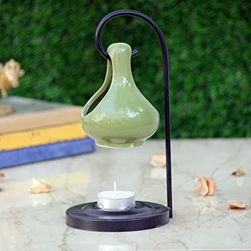 Breezy Aroma Metal Light Green Hanging Ceramic Tealight Candle Holder Oil Burner - Aroma Lamp - Aroma Diffuser (8 H x 4 W Inch)