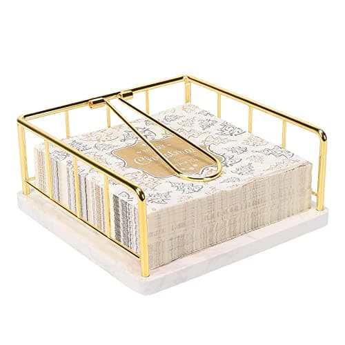Livabber Flat Napkin Holder, Metal Kitchen Napkin Storage with Weighted Tension Arm Rustic Tissue Paper Dispenser for Countertop, Table Kitchen, Dining Room (With Marble Base, Gold)
