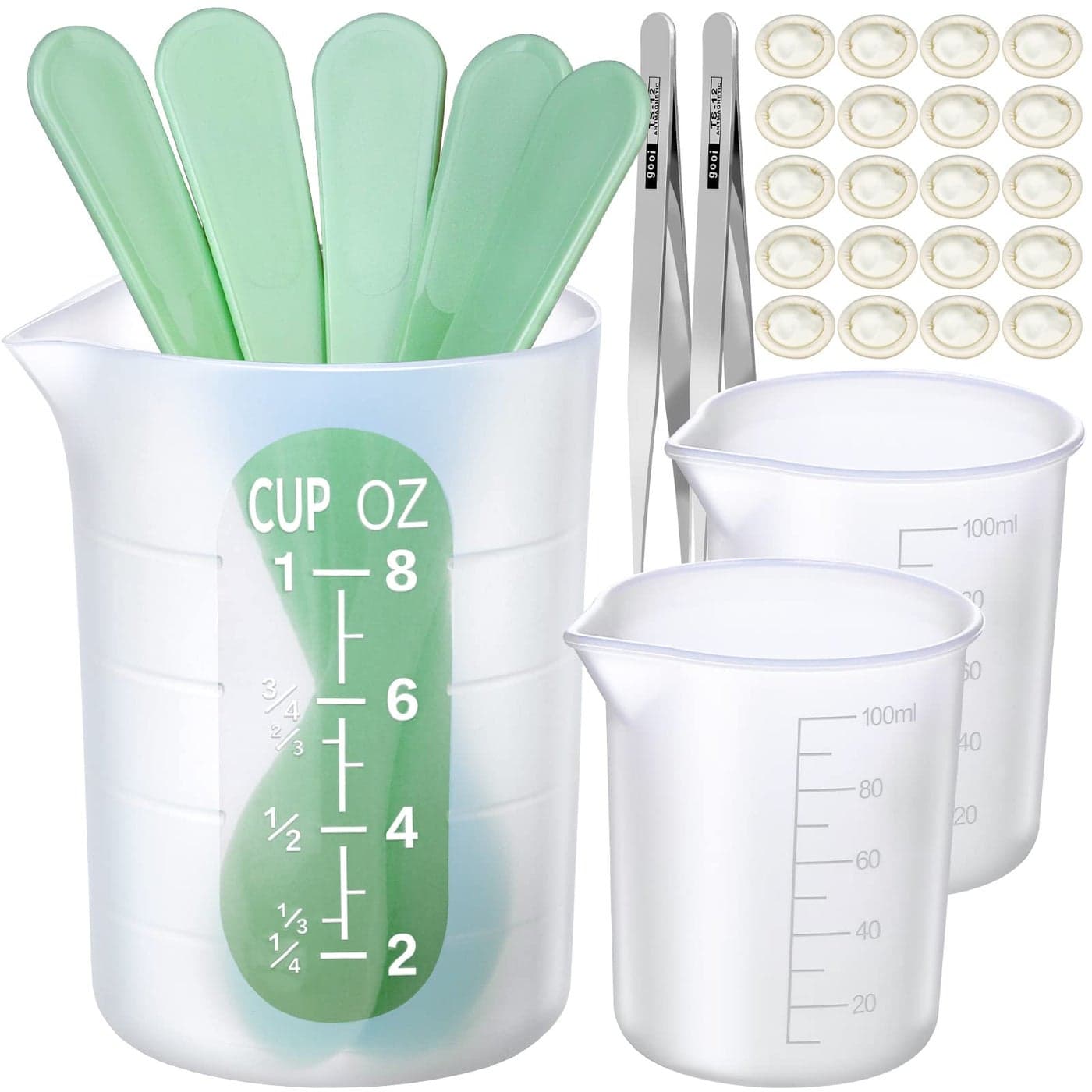 LEOBRO Silicone Measuring Cups for Epoxy Resin 250 100ml Reusable Epoxy Resin Mixing Cups Silicone Pouring Cup Thick Hard Stir Sticks Finger Cots Tweezers for Epoxy Resin Mixing Resin Molds
