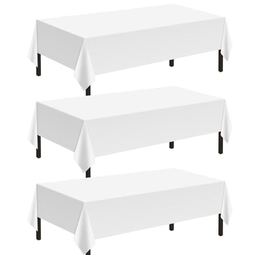 Childom 3 Pack Plastic Tablecloths for Rectangle Tables 54 x 108 White Disposable Table Cloths for 6 to 8 Foot Tables Indoor or Outdoor Parties Birthday Wedding Christmas Anniversary Buffet Table