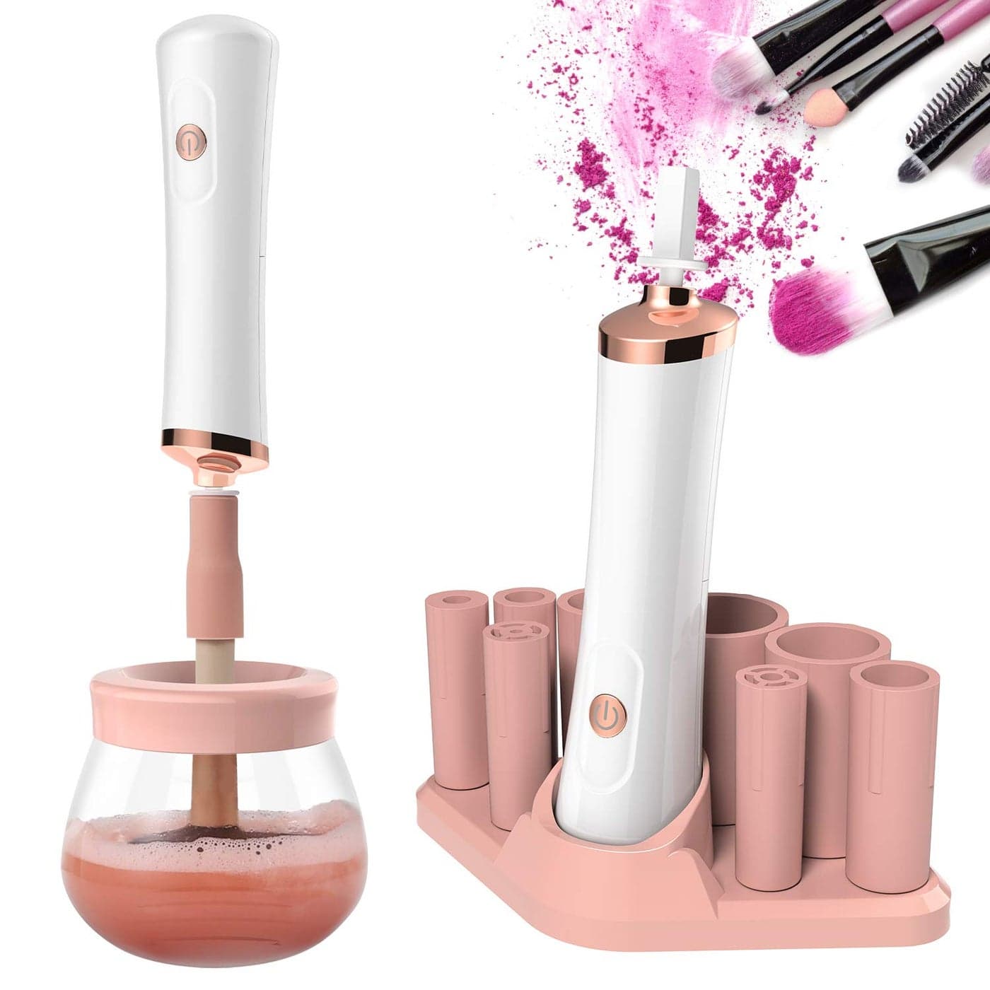 Senbowe Upgraded Makeup Brush Cleaner and Dryer Machine Electric Cosmetic Automatic Brush Spinner with 8 Size Rubber Collars Wash and Dry in Seconds Deep Cosmetic Brush Spinner for Brushes