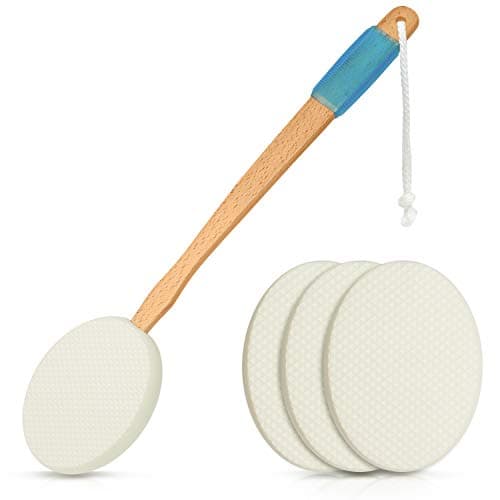 RMS 175 Long Lotion Applicator with 4 Pads Long Handle for Easy Reach and Self Application of Body Wash Shower Brush for Both Men and Women Travel Bag Included