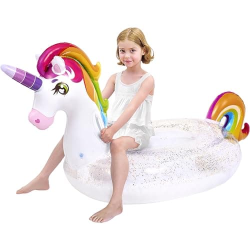 JOYIN Unicorn Pool Float Kids Inflatable Rainbow Unicorn Floaty with Glitters Fun Floats Ride On Beach Lake Floaties Raft Lounge Party in Summer Decorations Pool Toys for Kids