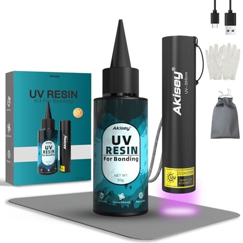 Akisey UV Resin Kit with Light, 50g UV Resin with Rechargeable 395NM UV Flashlight, Fast Curing in Seconds, UV Glue Adhesive for Bonding Jewelry, Plastic, Glass Repair, w/Mat, Gloves, Storage Bag