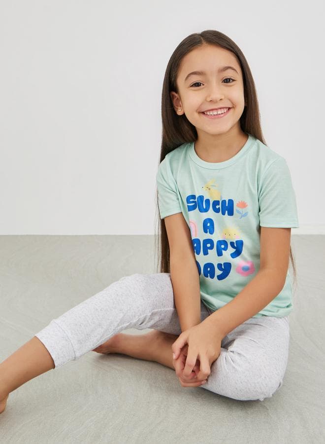 Slogan Print T-Shirt and Pyjama Set