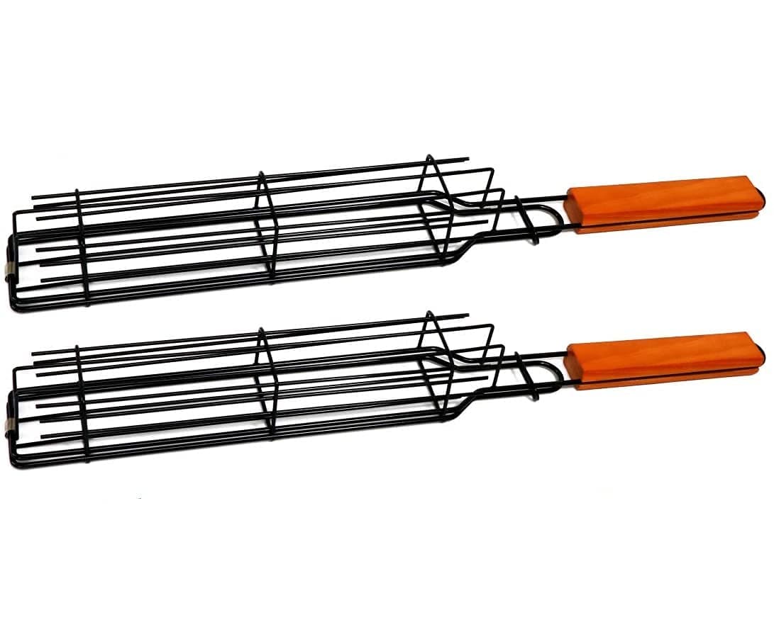 NILKANTH® Portable Grilling Basket | Nonstick BBQ Grill Basket with Handle for Outdoor Grilling of Vegetables, Fish & Meat | Barbecue Skewer Grill Net for Tandoor & Charcoal Grill (Pack of 2)