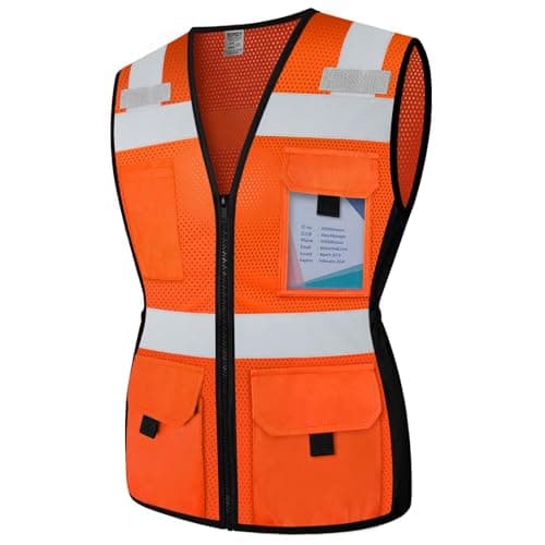 TCCFCCT Safety Vest for Women 11 Pockets Mesh Reflective Vest with Zipper, High Visibility Neon Construction Work Vest for Lady Workers/Surveyors/Drivers, Snug-Fit & Durable, ANSI Compliant, Orange M