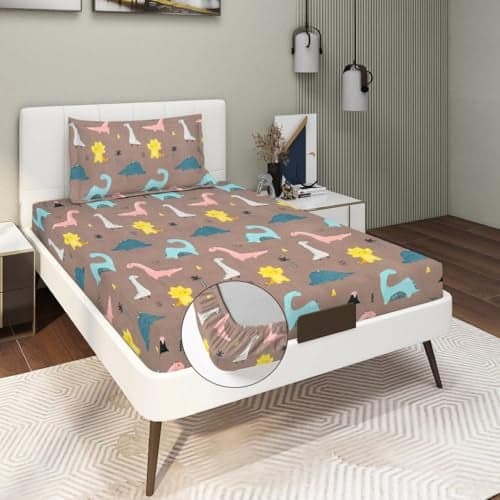 RD TREND Waterproof Elastic Fitted Bedsheet for Single Bed (72x48x8 Inch) with 1 Waterproof Pillow Covers 18x28 Inch, Multi Dinosaur