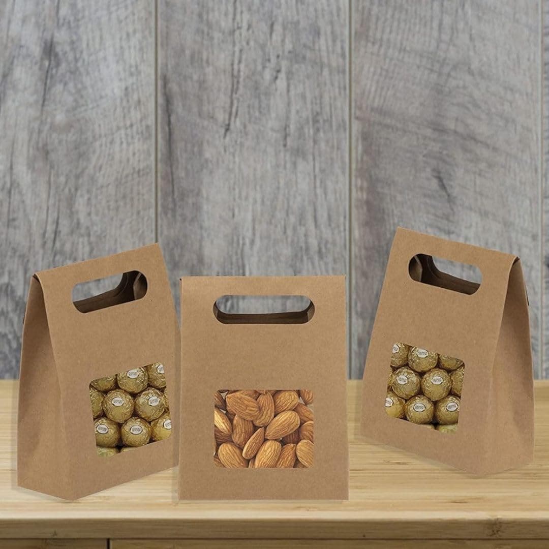 SATYAM KRAFT 30 Pcs Brown Window Folding Paper Gift Boxes for Return Gifts Dry Fruits Chocolates Wedding Festival and Party Favors