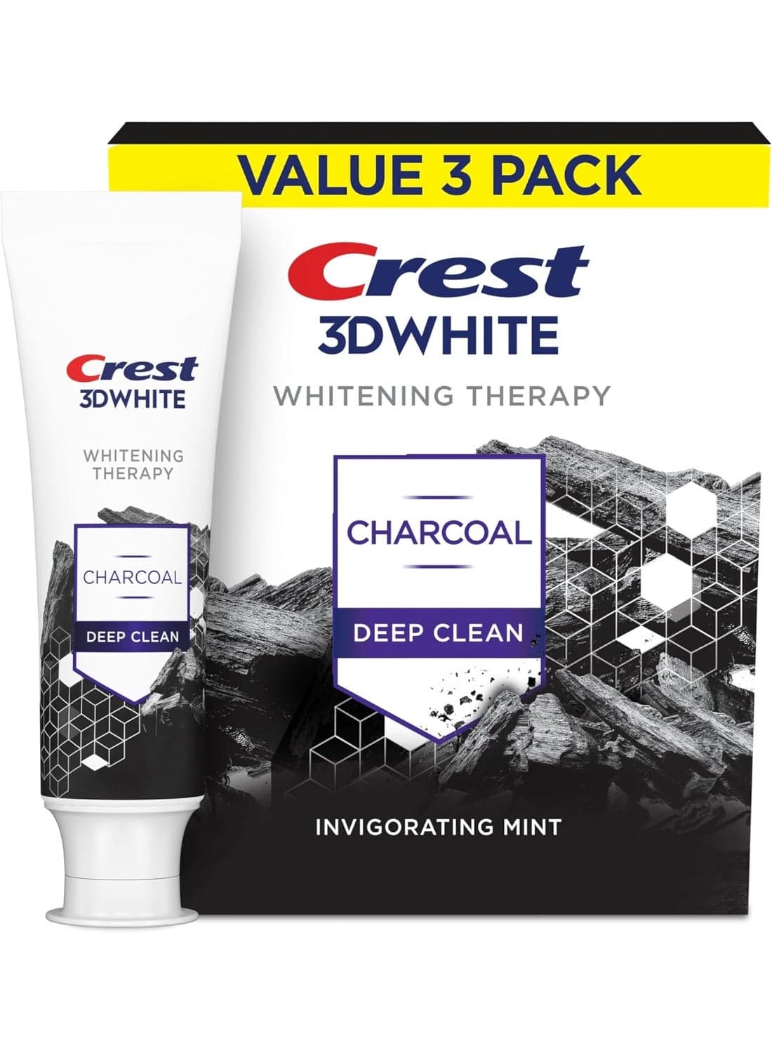 Crest 3D White Whitening Therapy Charcoal Deep Clean Invigorating Mint Teeth Whitening Toothpaste, 4.6 oz Pack of 3, Anticavity Fluoride Toothpaste, Gently Brightens Teeth, Strengthens Enamel — 130G