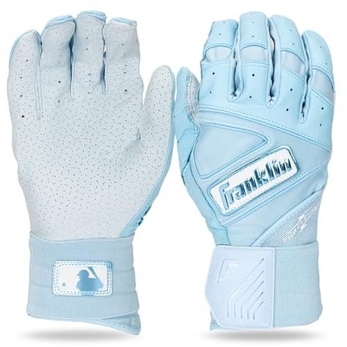 Franklin Sports MLB Batting Gloves Infinite Powerstrap Baseball Softball Batting Glove Durable Full Wrap Cage Practice Gloves Reinforced Wrist Heavy Duty Leather Adult Small Carolina Blue