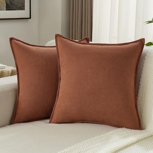 FUTEI Pack of 2 Solid Chenille Throw Pillow Covers 18x18 Inch Soft Edge Decorative Cushion Cases Farmhouse Accent for Couch Bed Living Room, Rust