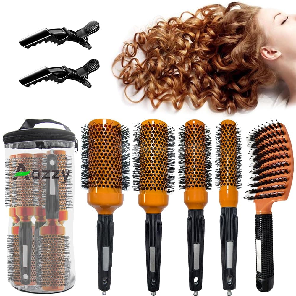 Aozzy 5pcs Round Brush for Blow Drying Round Hair Brush Set Ceramic Boar Bristle Brush for Women Thermal Barrel Brush Set Styling Blow Out Brush for Shiny Smooth and Bouncy Hair