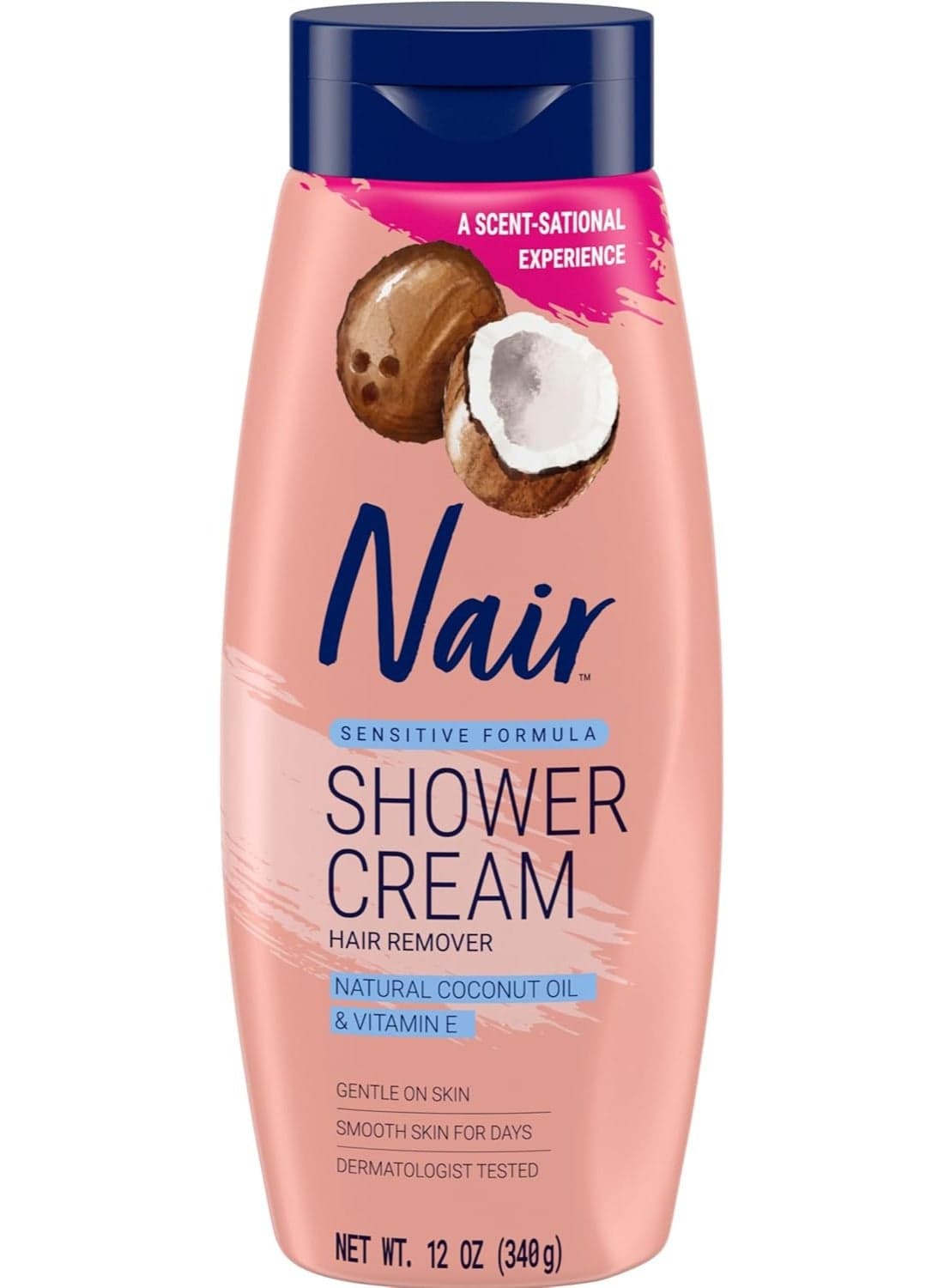 Sensitive Shower Cream Hair Remover with Natural Coconut Oil and Vitamin E, Body Hair Removal Cream for Women, 12 oz