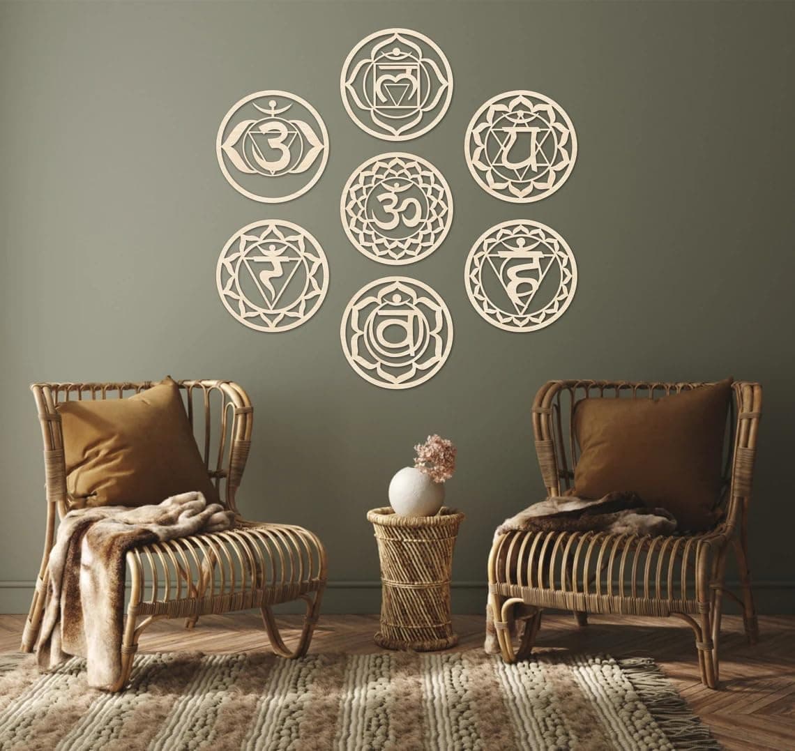 American Elm Set of 7 Chakra Wooden Wall Decor, Chakra Wall Art, Chakra Symbols, Wall Hanging Chakra Set, Yoga Room Decor, Chakra Wood Decoration 8 Inch