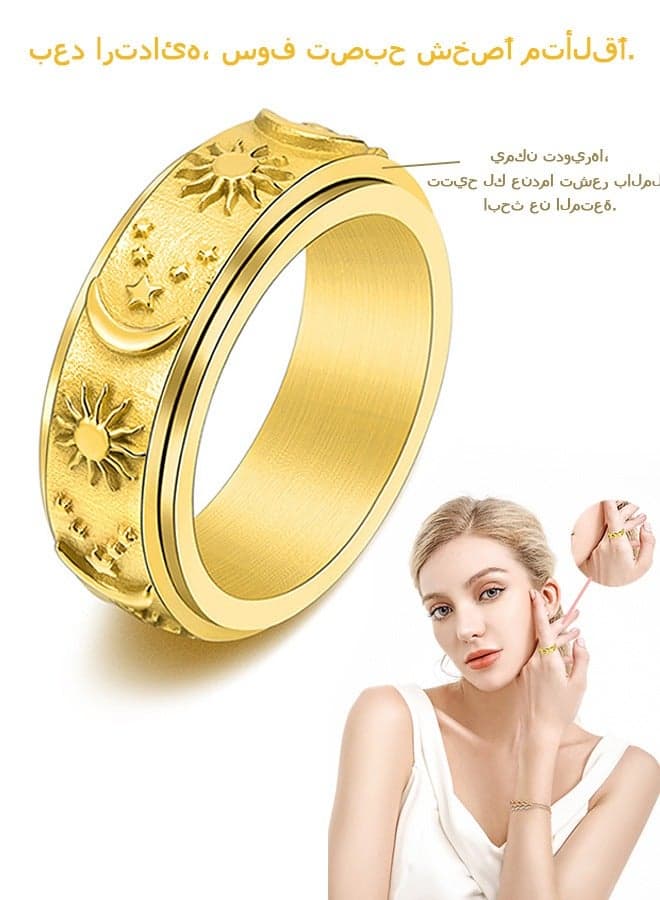 Sun and Moon Relief Rotating Ring, 14K Gold Plated Anti Fading Titanium Ring, Luxury Gold Ring for Women (Gold+Blue)