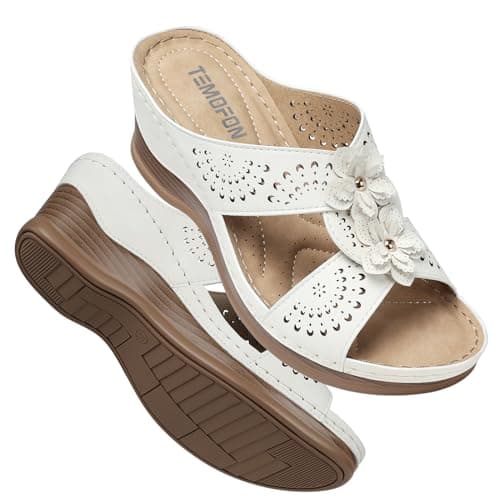 TEMOFON Womens Wedge Sandals Leather: Casual Dressy Women White Summer Platform Wedge Sandals Slip on Low Heels Comfortable Walking Size 9