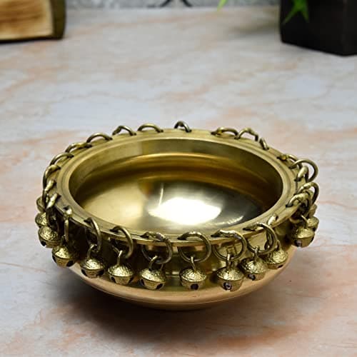 Bhimonee Decor | Pure Brass Urli Bowl with Hanging Bells | 6 Inch Traditional Ethnic Design | Antique Brass Finish | Home Temple Décor | Floating Flower Bowl | Pooja & Festive Decoration | 1 Piece