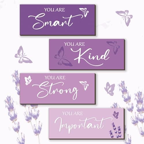FENCORDAR 4 Pcs Butterfly Wall Decor Girls Room Decor Wooden Purple Wall Decor Positive Butterfly Wall Art Prints Inspirational Gift for Teen Girls Women Room Nursery Bedroom BathroomPurple 10x4