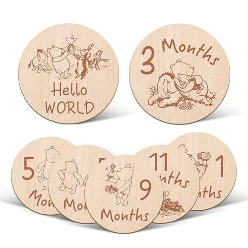 7 Pcs Winnie Baby Monthly Milestone Markers Winnie Double Sided Winnie Baby Months Wooden Signs with Storage Bag Winnie Baby Shower Gifts Winnie Baby Monthly Announcement Wooden Discs Winnie Gifts