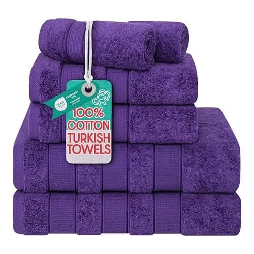 American Soft Linen Salem Turkish Bath Towel Set, 100% Cotton 600 GSM 6 Piece Towels for Bathroom, 2 Bath Towels 2 Hand Towels 2 Washcloths, Purple